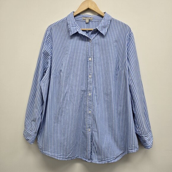 Woman Within Long Sleeve Striped Button Up Shirt 1X (22/24) French Blue White - Picture 1 of 7